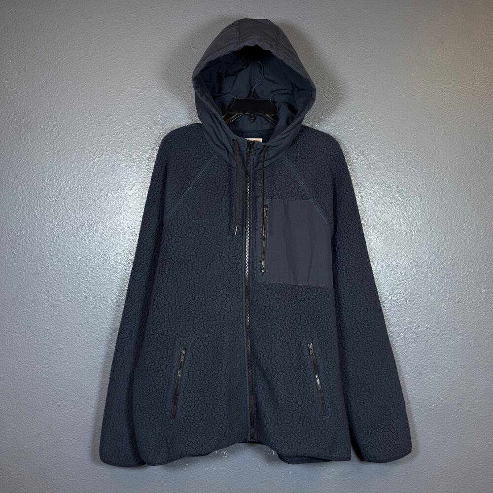 J. Crew XL men’s navy blue fleece sherpa hoodie hooded jacket outdoor hiking
